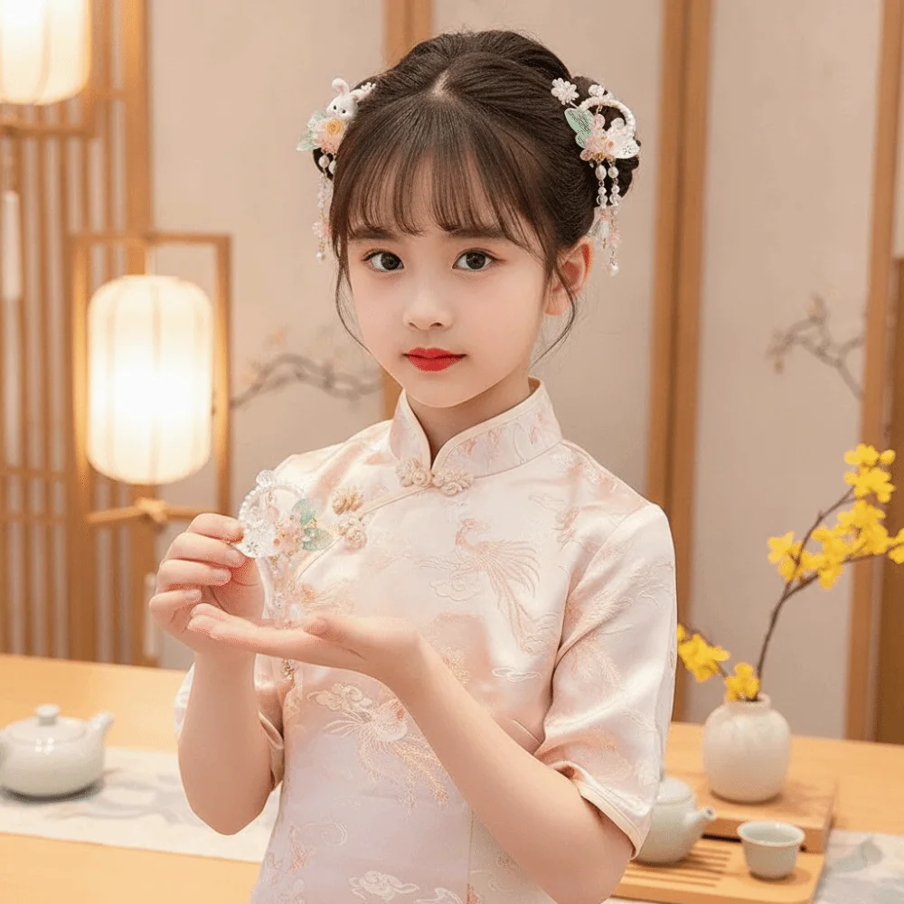 1 Pair Long Ribbon Hanfu Hair Clip Handmade Flower Flowing Tassel Rabbit Tassel Hairpin Lightweight Comfort Traditional Vintage
