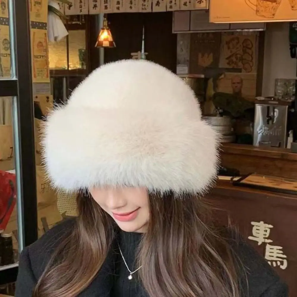 Fashion Warm Cap Faux Fur Mink Hat Bucket Hat Solid Color Plush Basin Cap Korean Style Solid Beanie Outdoor