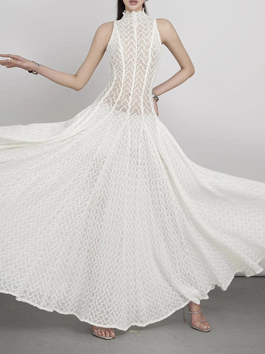 

Sleeveless High Neck Lace Maxi Dress Elegant Hollow Out Design Women's Fashion Summer Party Wear Trendy Vintage Style Breathable