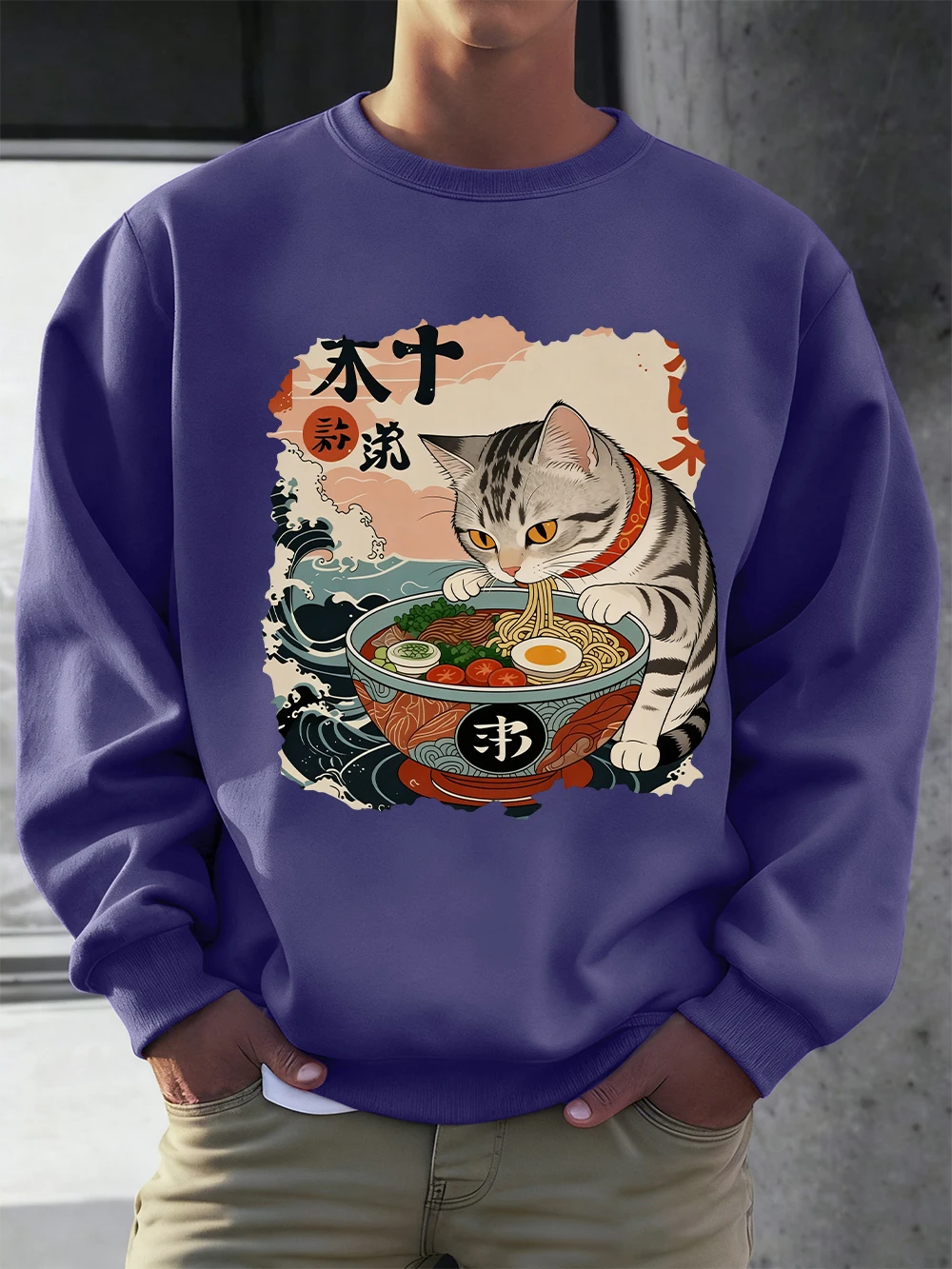 

Мужские толстовки с принтом «Кот, который любит есть лапшу», зимние флисовые теплые худи, свободные пуловеры с круглым вырезом, мужская одежда в стиле хип-хоп