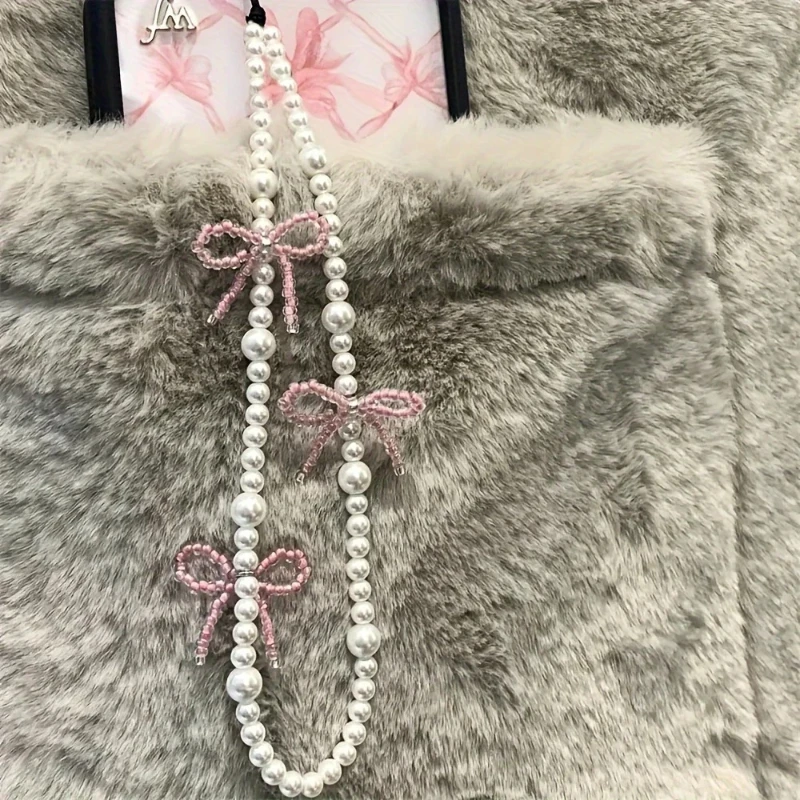 Korea Pink Bowknot Pearl Pendant Beaded Phone Charm for IPhone Accessrioes Lanyard Woman Girl Jewelry Hanging Rope Strap