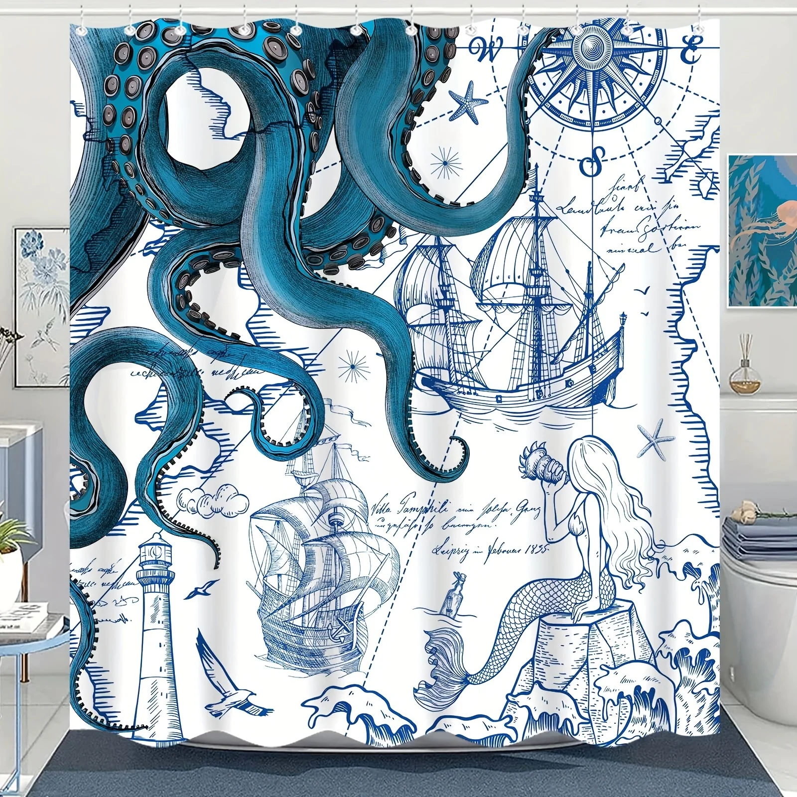 

Blue Nautical Octopus Shower Curtain - Navy Mermaid, Funny Kraken, Coastal Map, High-Quality Fabric,Cool Bath Decor