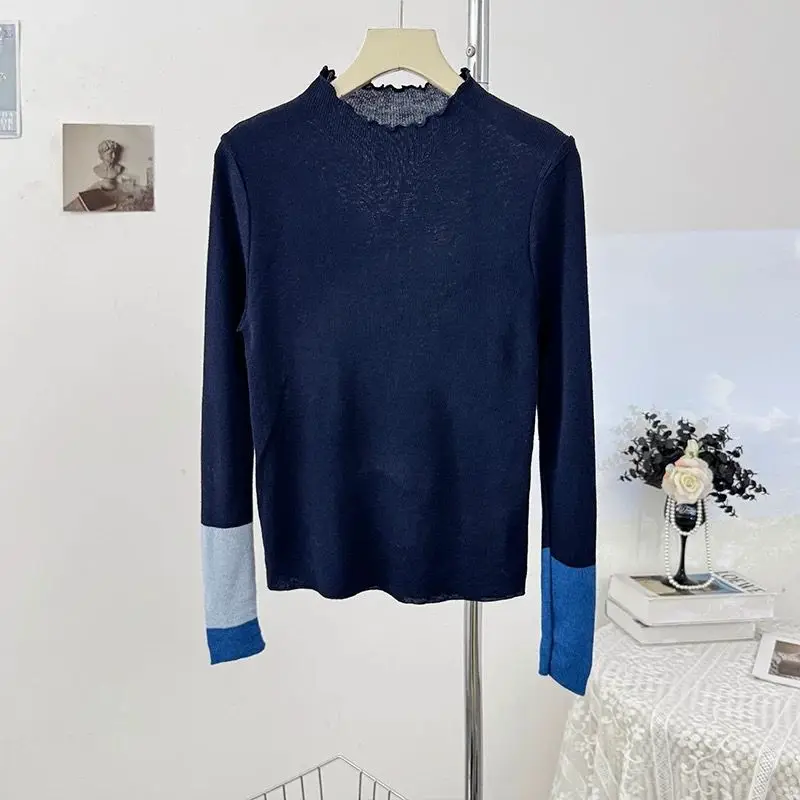 

Женский облегающий вязаный свитер с высоким воротником и цветовыми блоками, универсальный базовый слой для весны и осени, повседневный модный топ