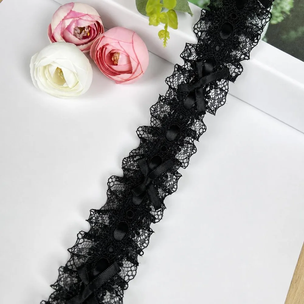 New 1Yard Lace Trim Ribbons Bows & Pleated Handmade Fabric Floral Lace Ribbon Hair Accessories Shower