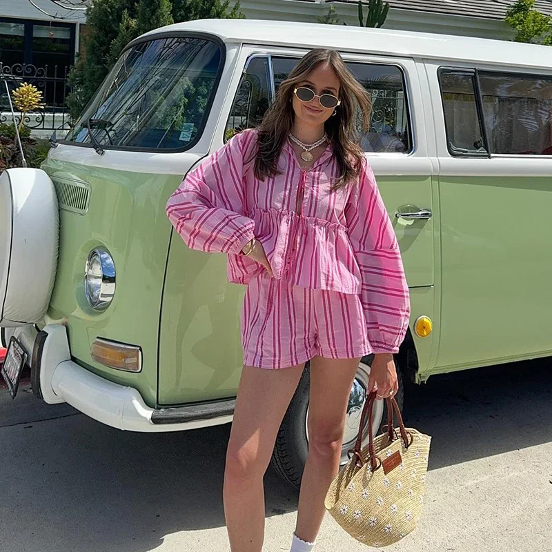 Casual Stripe Shirt Shorts Sets Women Loose Bow Lace Up Hollow Out Long Lantern Sleeve Female Suit 2024 Summer Beach Lady Set