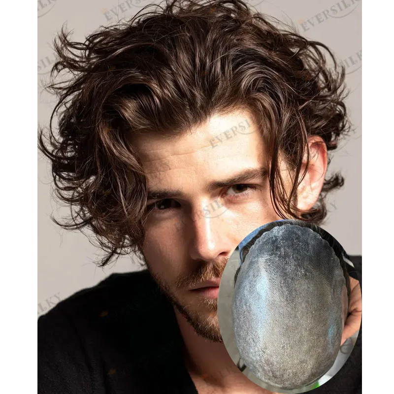 6Inch Long Cheapest Strong 0.12mm Injection Silicon Base Men's Human Hair Toupee Durable Brown 30mm Wave Man's Hair Prosthesis