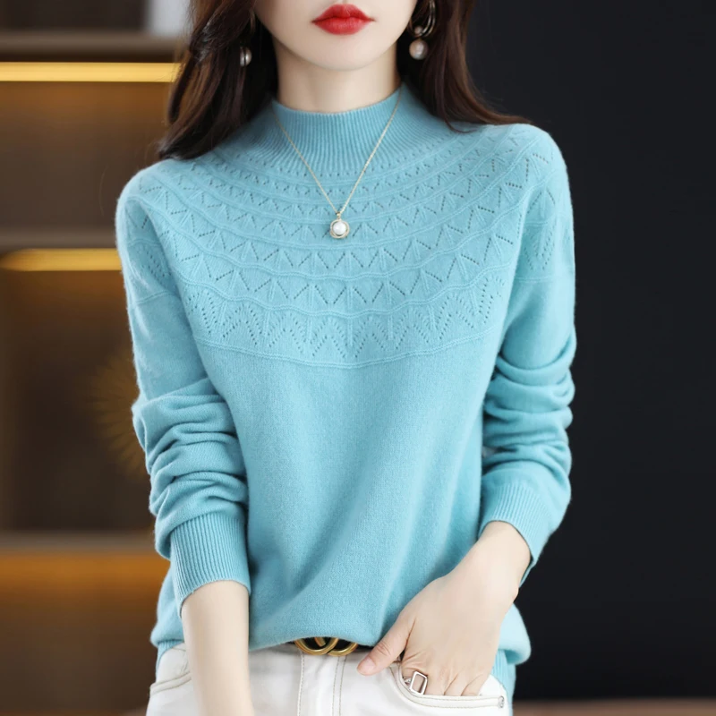 New 100% pure wool single-thread ready-to-wear hollow women\'s pullover semi-high collar cashmere sweater solid color