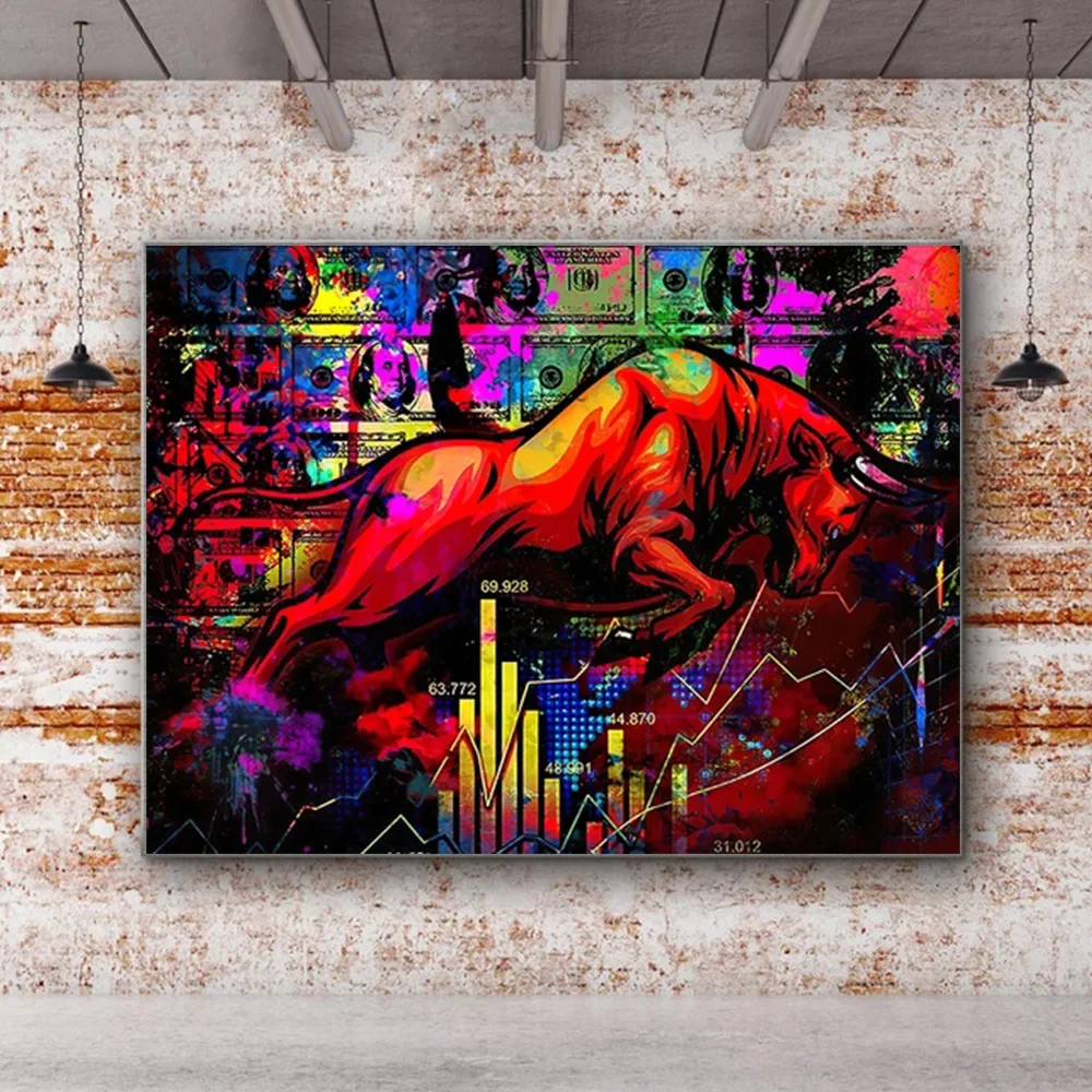 Graffiti Wall Street Charging Bull Canvas Painting Wall Art Abstract Bull Market Dollar Animal Poster Prints For Home Decor