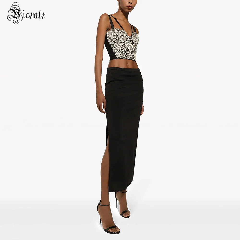 

VC 2024 Summer New Diamonds Crop Top Maxi Skirt 2 Pieces Set Shinny Beads Embellished High Slit Bodycon Club Wear Causal Dress