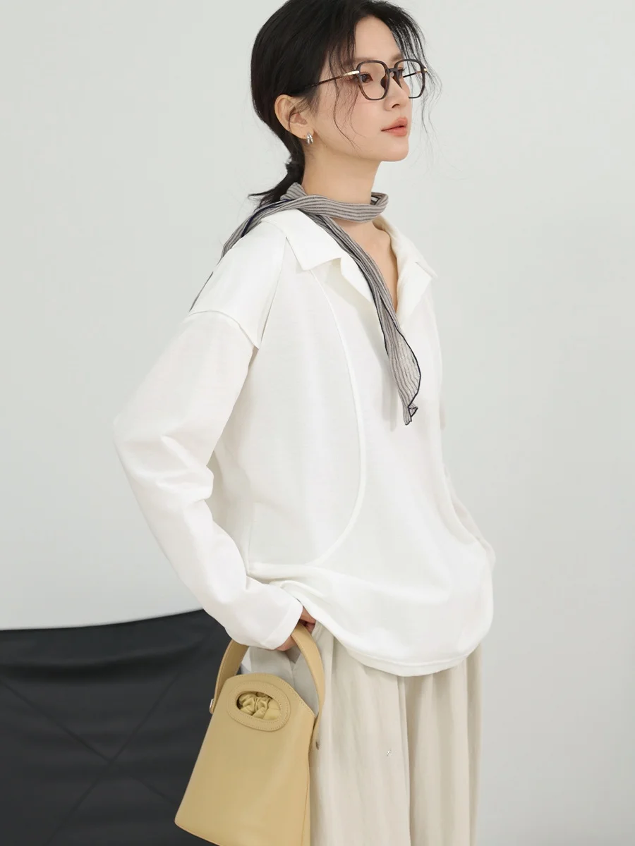 

Женская футболка DianThia с длинным рукавом, повседневная, свободного кроя, со спущенным плечом, из смесового хлопка, с воротником, новинка весенней коллекции