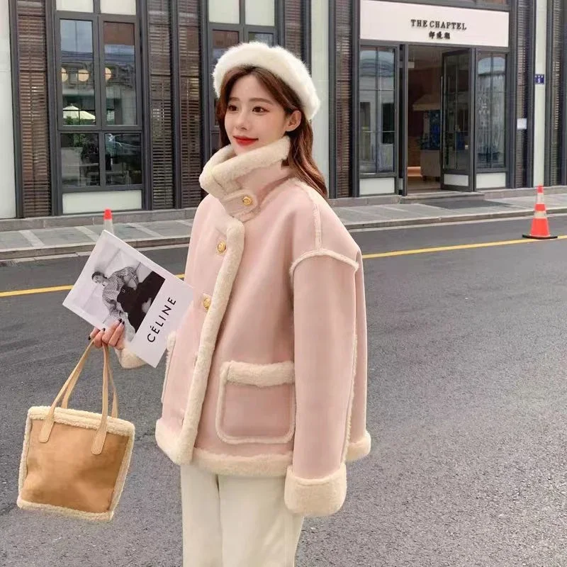 GIDYQ Winter Lamb Fur Jacket Women Korean Suede Motorcycle Snow Parka Thickened Short Coat Fashion Sweet Warm Outerwear New