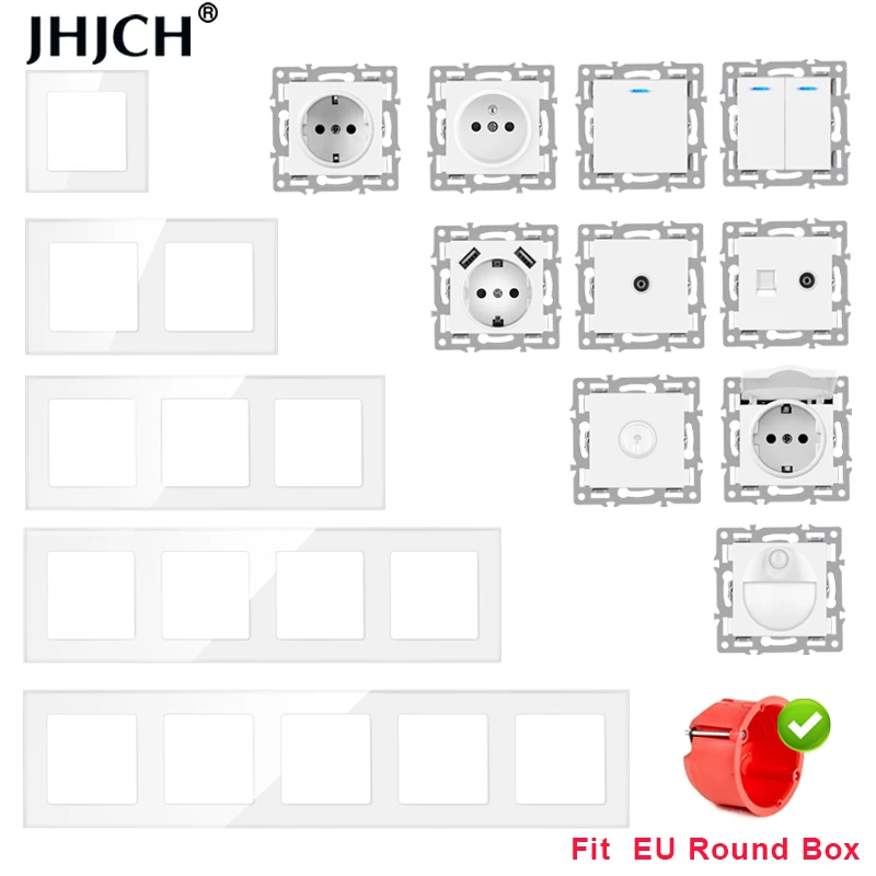 jhjch wall-mounted module diy European standard white glass panel power socket switch button function free combination