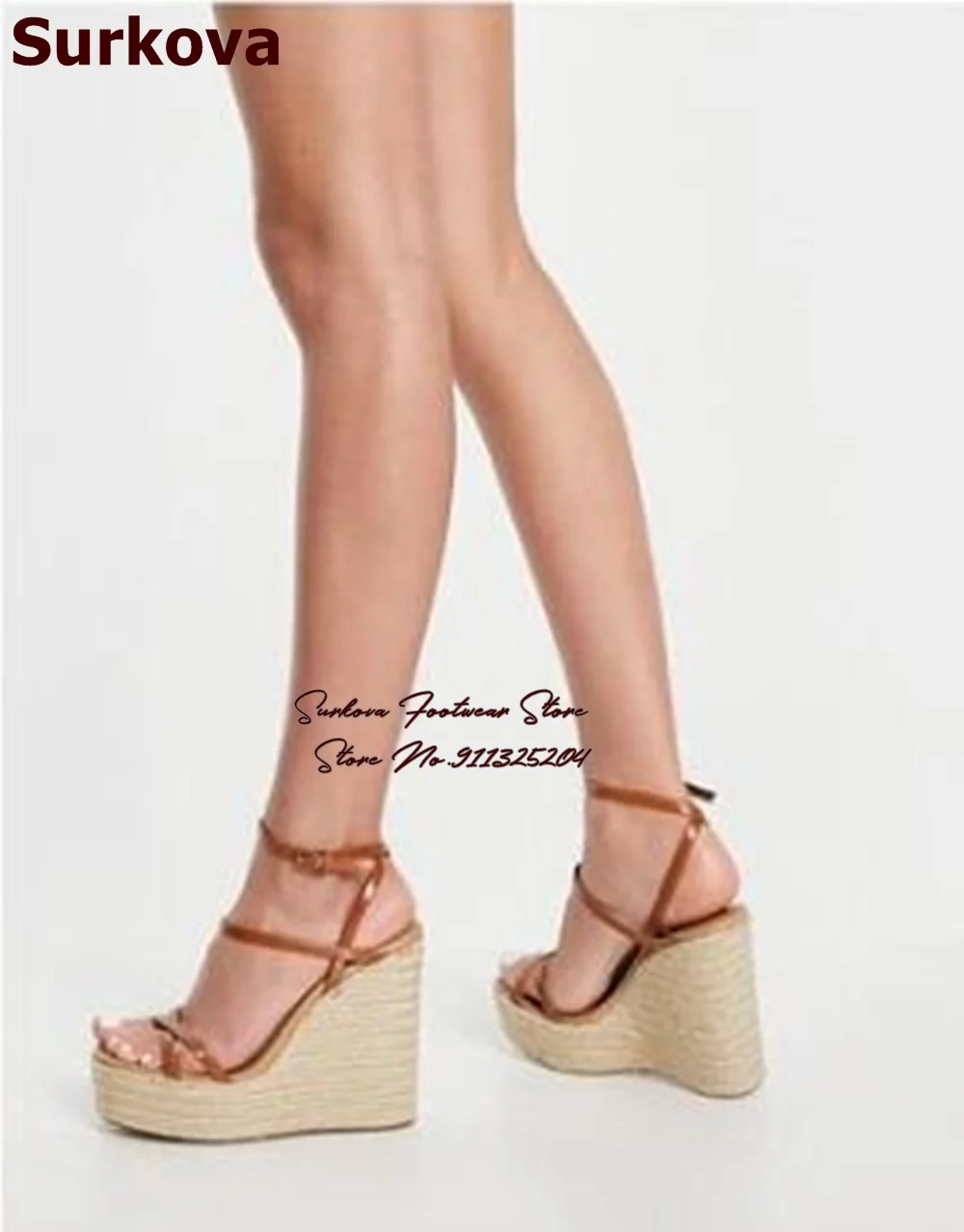 Surkova Beige Rope Espadrille Platform Sandals Wedged Heel Braided Dress Shoes Elegant Brown Matte Buckle Strap Pumps Size 46