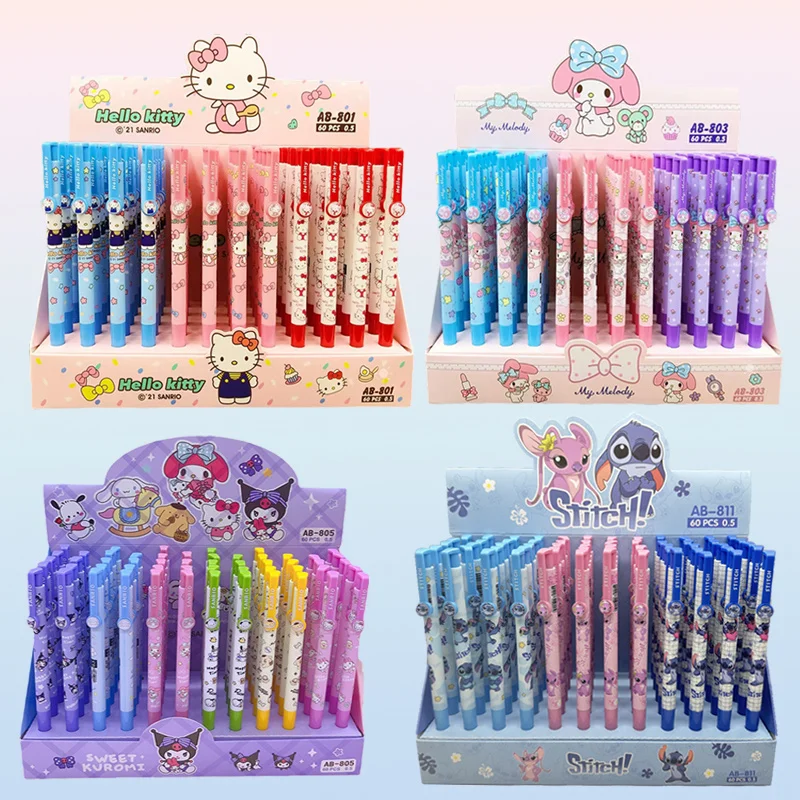 60pcs Sanrio Hellokitty Roller Ball Pen Melody Stitch Signature Neutral Pen Student School Supplies Stationery Wholesale Gel Pen