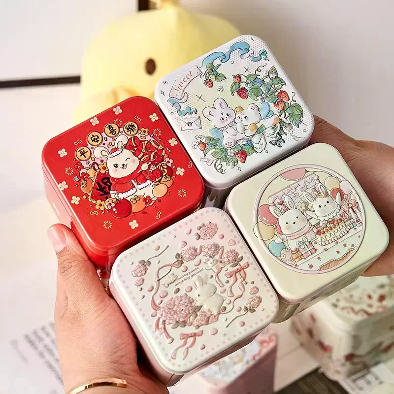 Rabbit Pattern Relief Tin Box Square Tinplate Storage Jars Candy Biscuit Tea Storage Container Gift Box