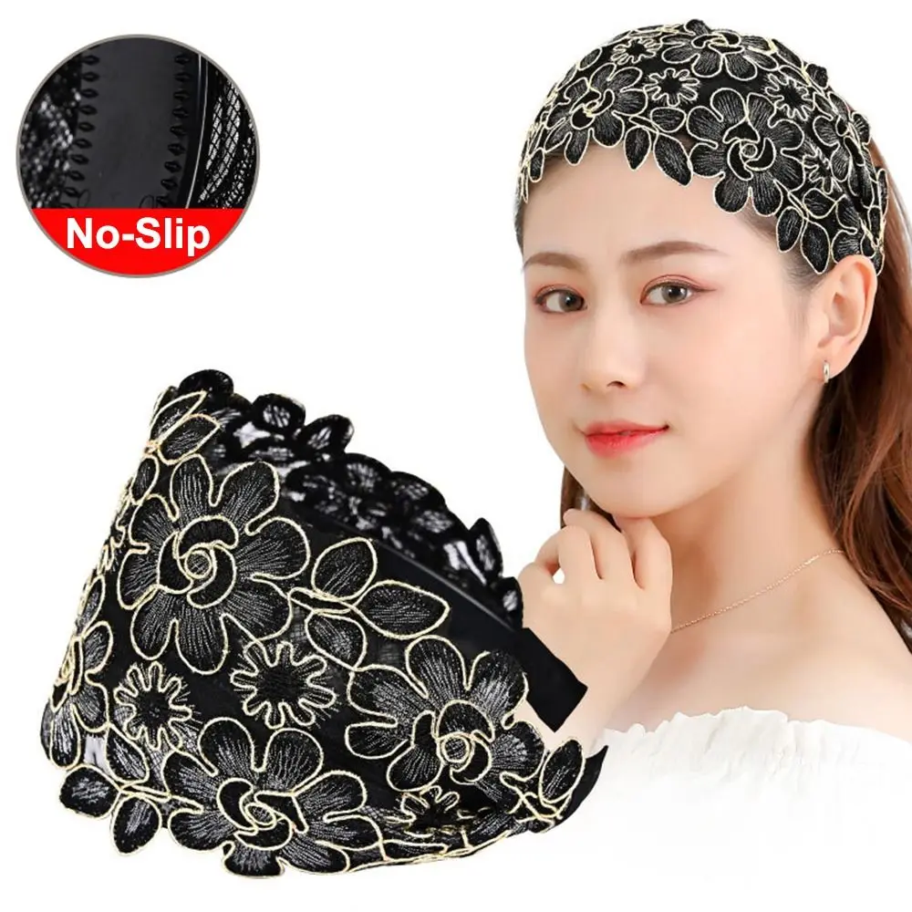 

Широкая кружевная сетчатая повязка для волос с цветами, нескользящая, эластичная, с ажурным узором, для женщин и девочек