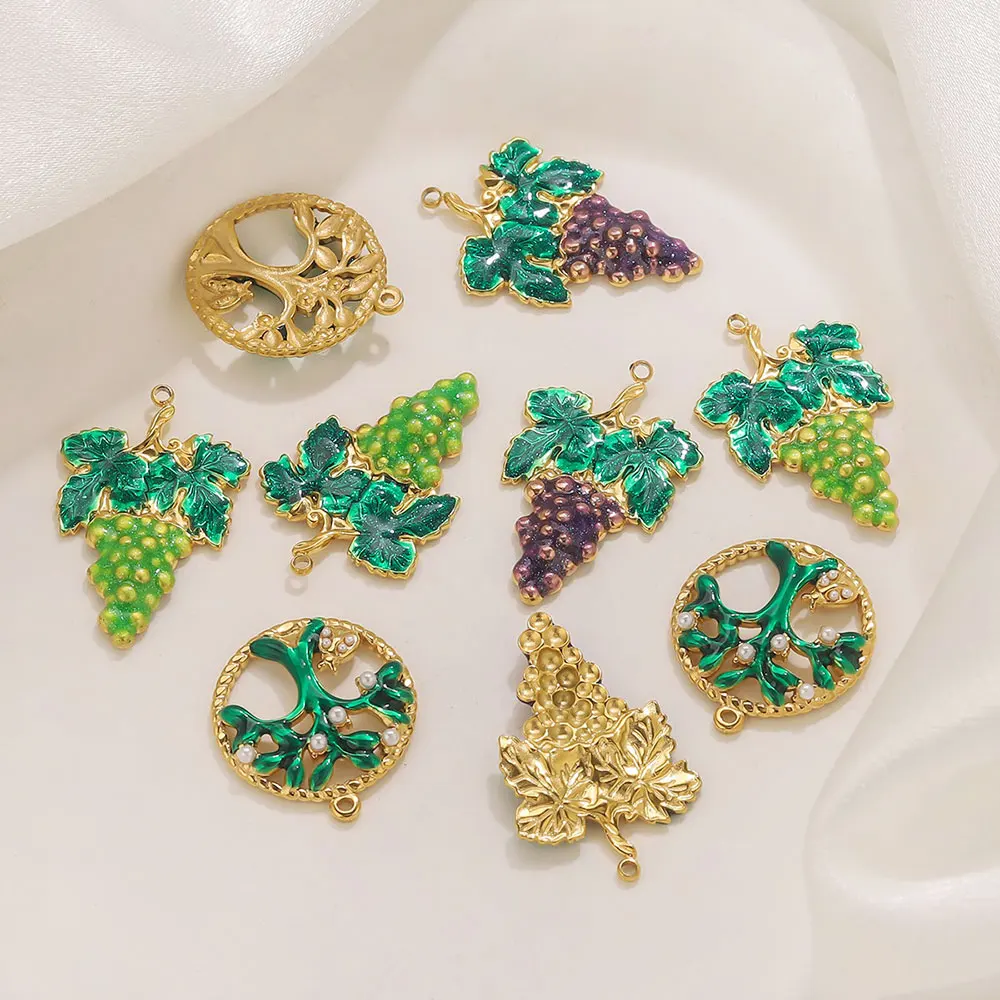

2pcs Stainless Steel Golden Grape Tree of Life Enamel Charms for DIY Women's Earring Necklace Jewelry Making Materials Wholesale