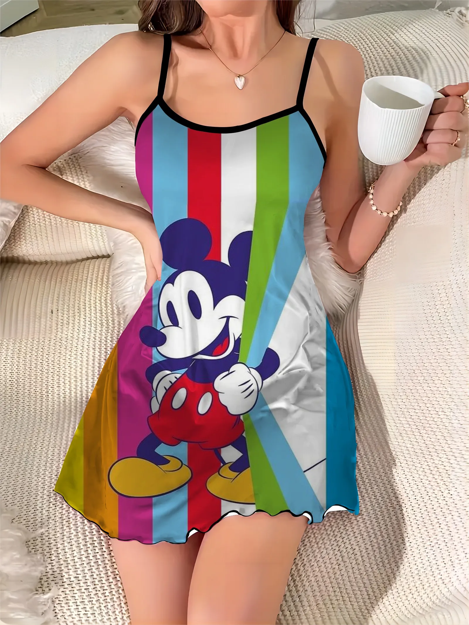 Crew Neck Pajama Skirt Slip Dress Fashion Summer Dresses 2025 Minnie Mouse Disney Lettuce Trim Elegant Women Chic Mini Sexy Trim