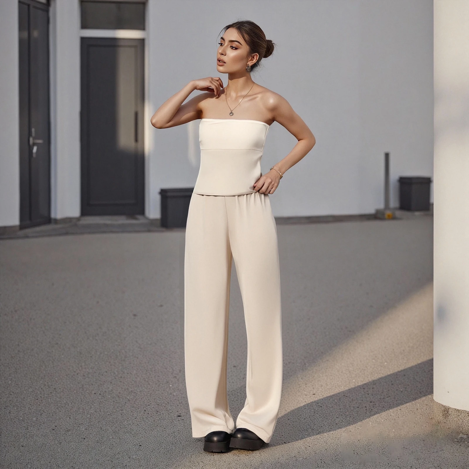 

Summer Sexy 2 Piece Clothes Outfits for Women y2k Backless Sleeveless Satin Tube Tops Long Pants Matching Loungewear Sets