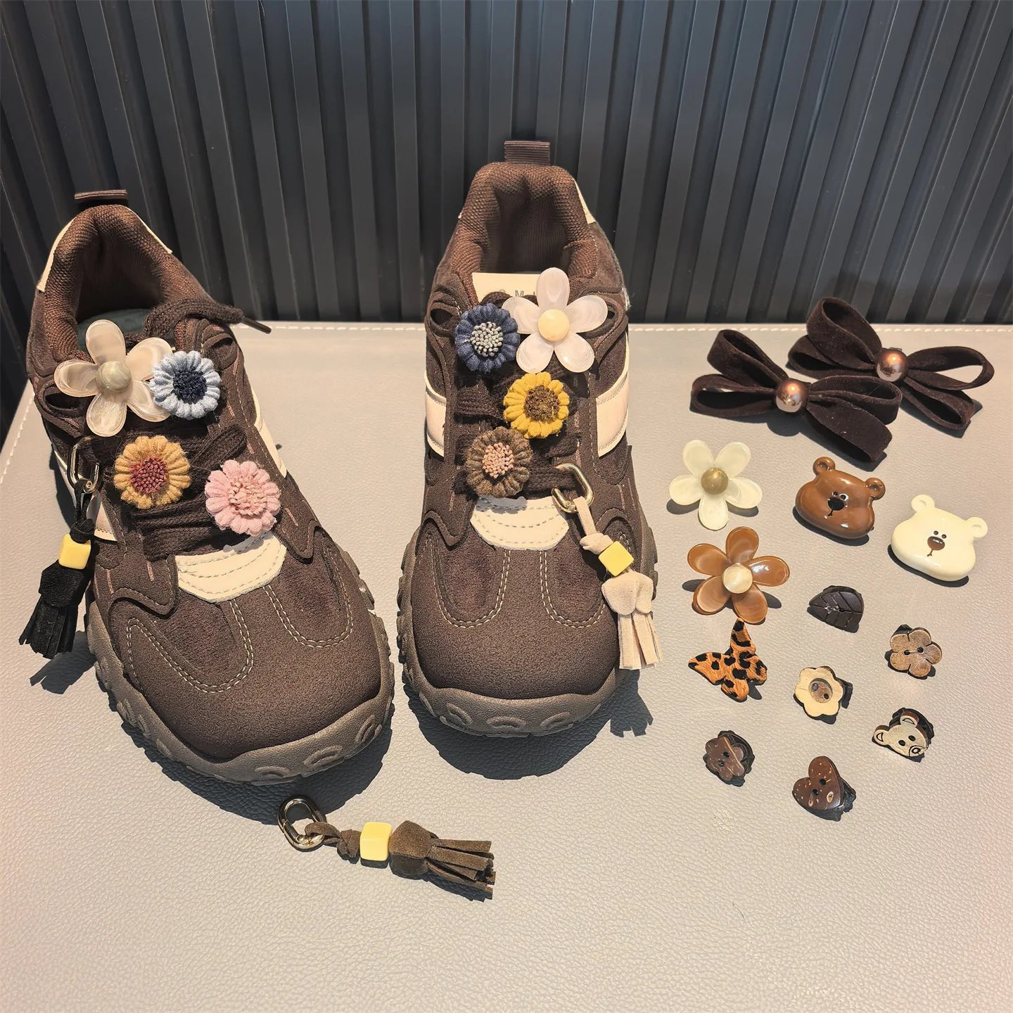 Shoe Charm Tassel Coconut Shell Flower Bear Flocked Bow Sneaker Accessory Brown Small Lightweight Women Girls Fall Winter Daily