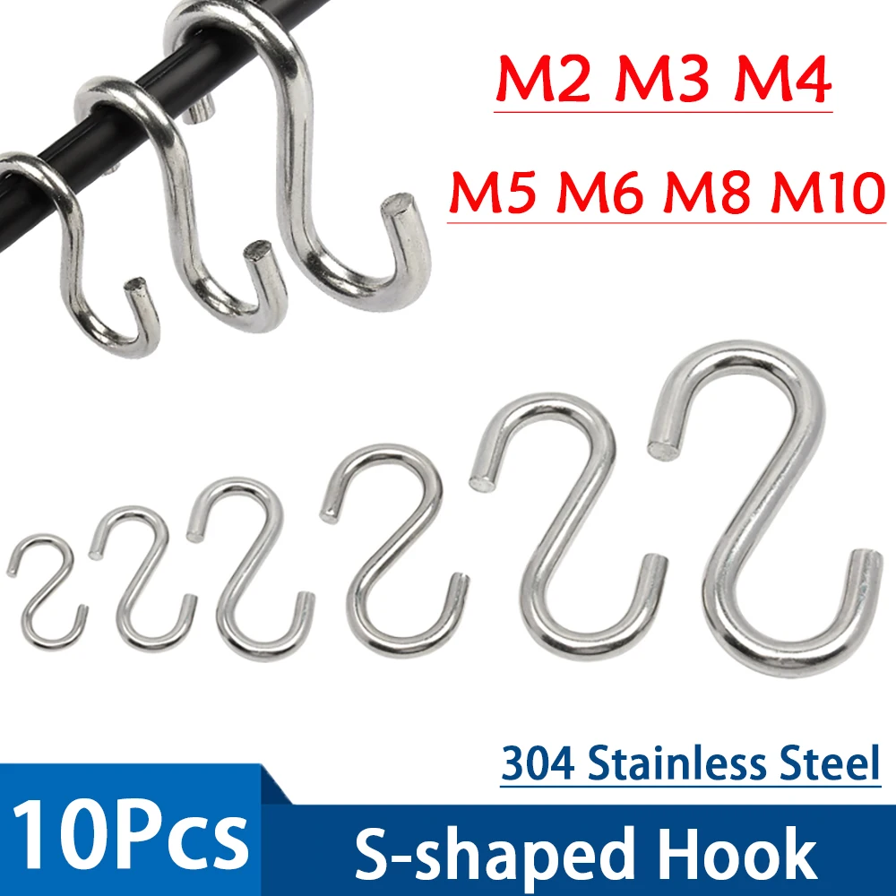 

304 Stainless Steel S-shaped Hook M2 M3 M4 M5 M6 M8 M10 Hook Multi-purpose Hook for Kitchen And Bathroom Metal S Hook