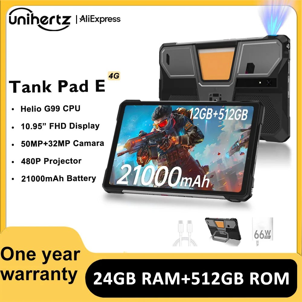 Unihertz 8849 TANK PAD E Rugged Tablet with Projector 21000mAh 120Hz IP68/IP69K 24GB 512GB 66W 10.95 inch Tablet Android 14 4G