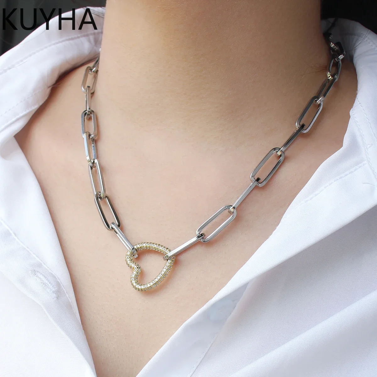 

2025 New Romantic Women Exquisite Zircon Heart Link Necklaces 316L Stainless Steel Silver Color Love Necklace Jewelry Gifts