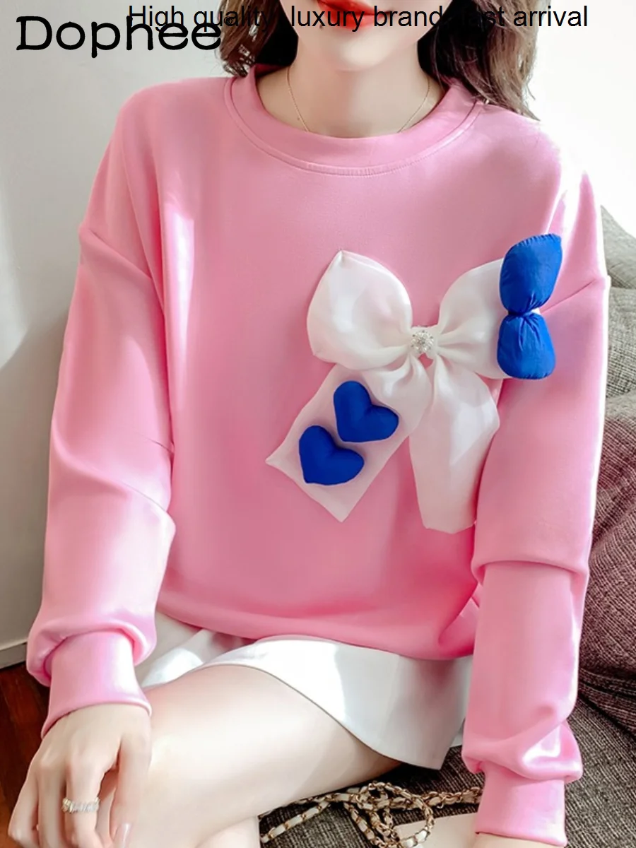 long Pink round-Collar sleeve Sweatshirt for Women hoody 2023 New Autumn Design Clothes Thin Sweet Bow hoodies Coat Top female