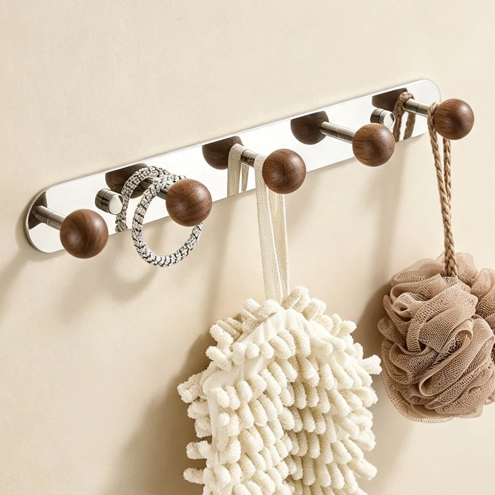 Modern Walnut Wood 304 Stainless Steel Hook Rack No Drill Wall Mounted Coat Hanger Entryway Bathroom Home Storage Organizer