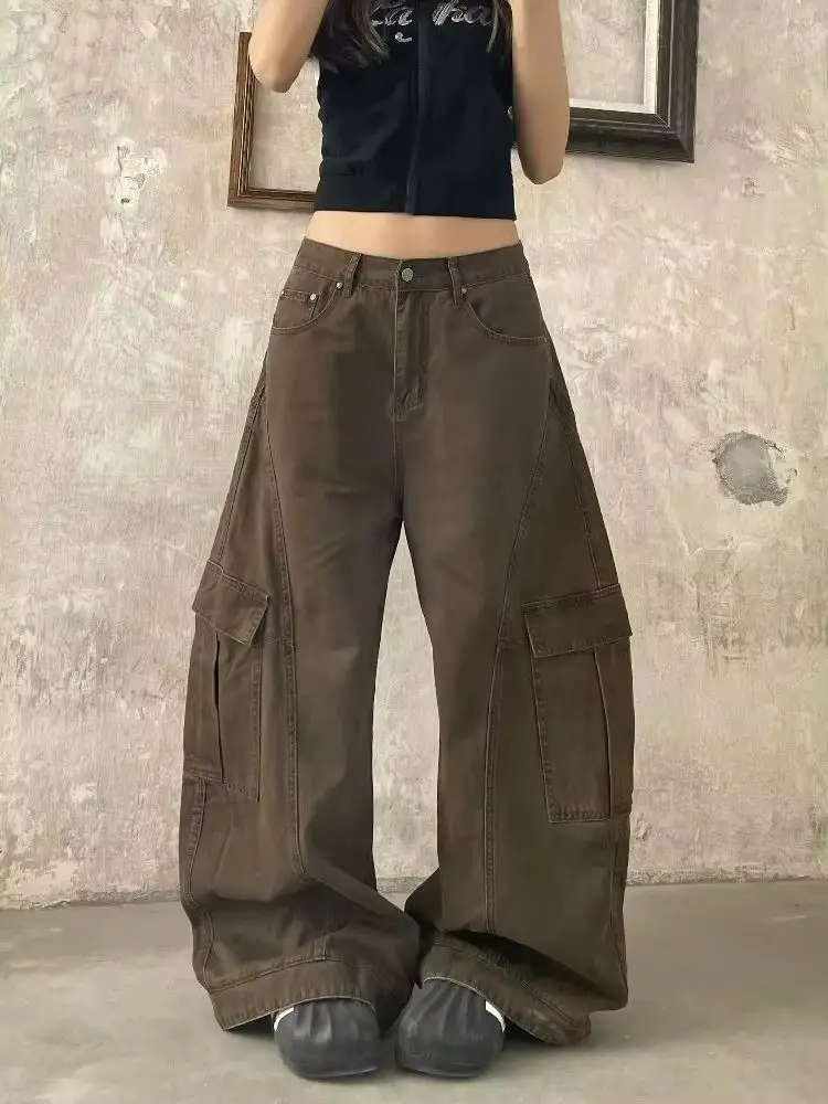 Y2K Cargobroek Dames Vintage Bruine Multi Pocket Werkbroek High End Y2K Fashion 3D Tapered Fit