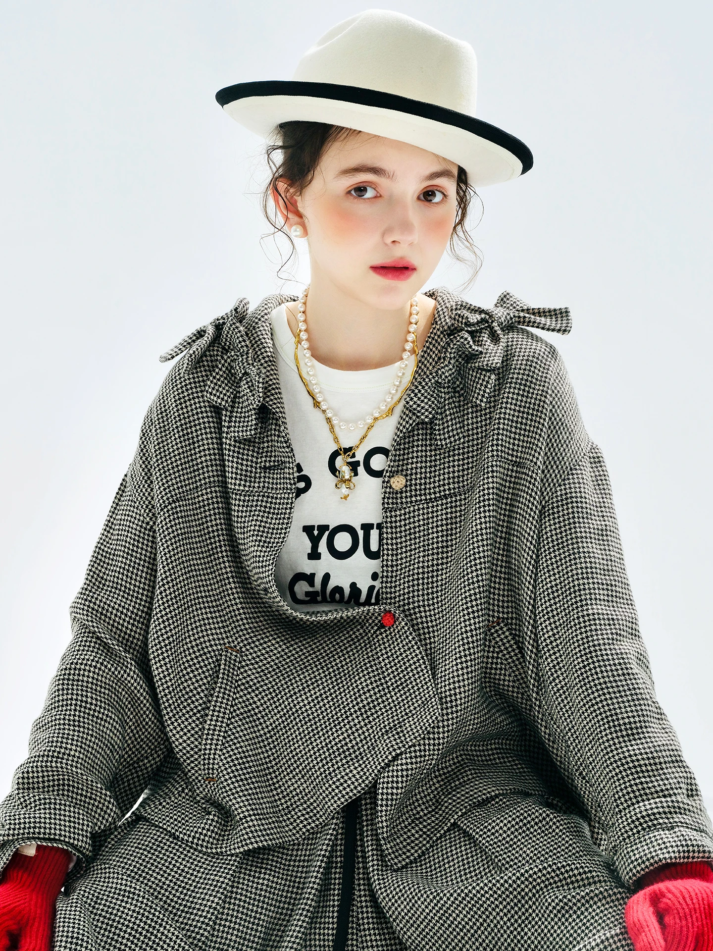 

Vintage Houndstooth Coat with Tie-Shoulders Loose Fit Daily Streetwear Elevate Your Style 255150
