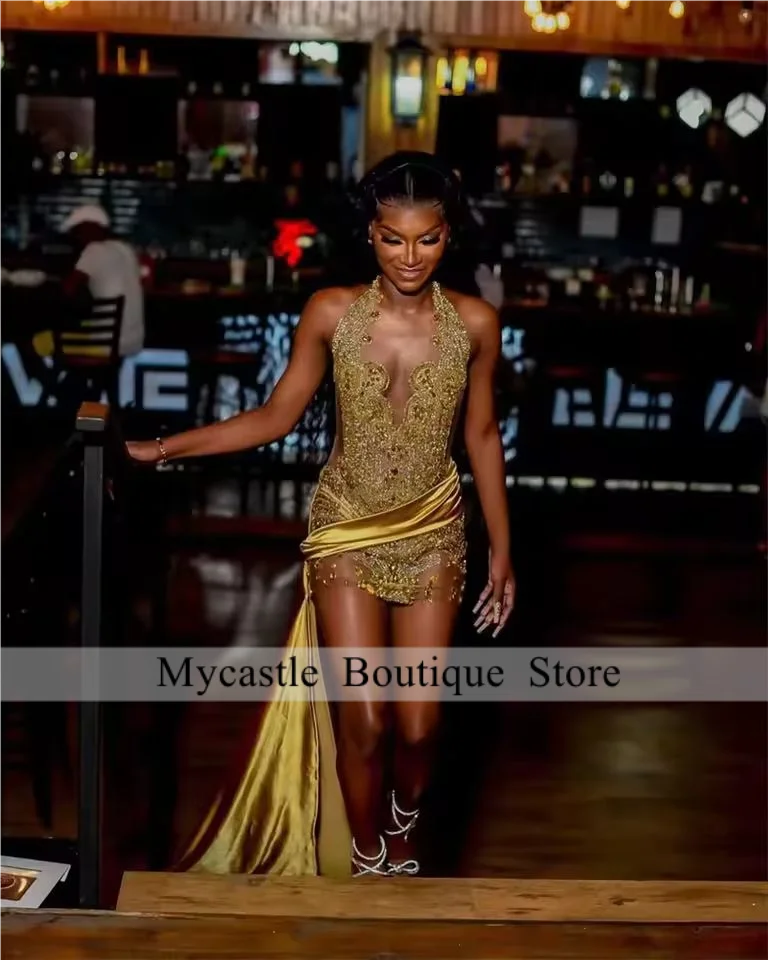 فستان حفلة موسيقية قصير مرصع بالألماس الأحمر اللامع للفتيات السود فساتين حفلات أعياد الميلاد كريستال مطرز مع فستان كوكتيل ذيل مخصص #5