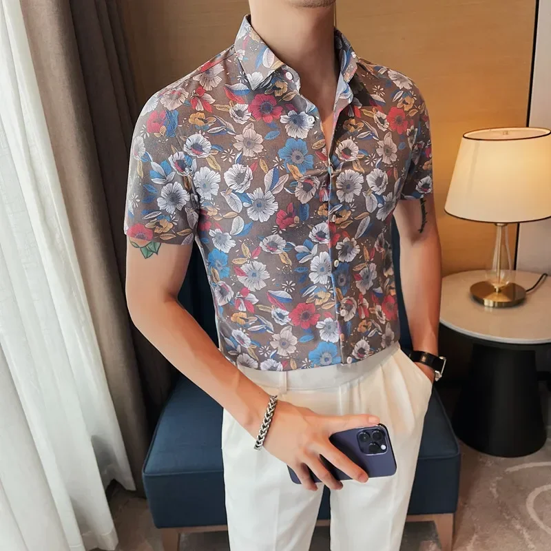 

Summer Short Sleeve Flower Shirts Men Slim Casual Business Formal Dress Shirts Fashion Beach Vacation Shirts Camisa Masculina