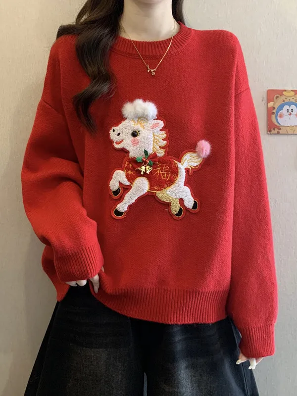 

Angola Red Cisas Knit Sweater Loose Fit Thiened round Ne Pullover Soft Cozy Women's Autumn Winter Large Size Knitted ...