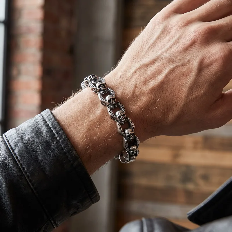 Stainless Steel Men Vintage Skull Wing Bracelet Ancient Silver Color Hollow Out Skeleton Biker Punk Heavy Wrist Jewelry Gift