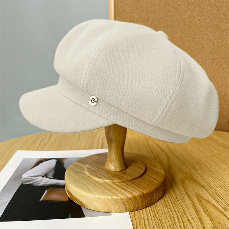 

Female Autumn and Winter Korean Version Versatile Wool Duck Tongue Beret Show Face Small Warm Octagonal Hat Big Head Newsboy Hat