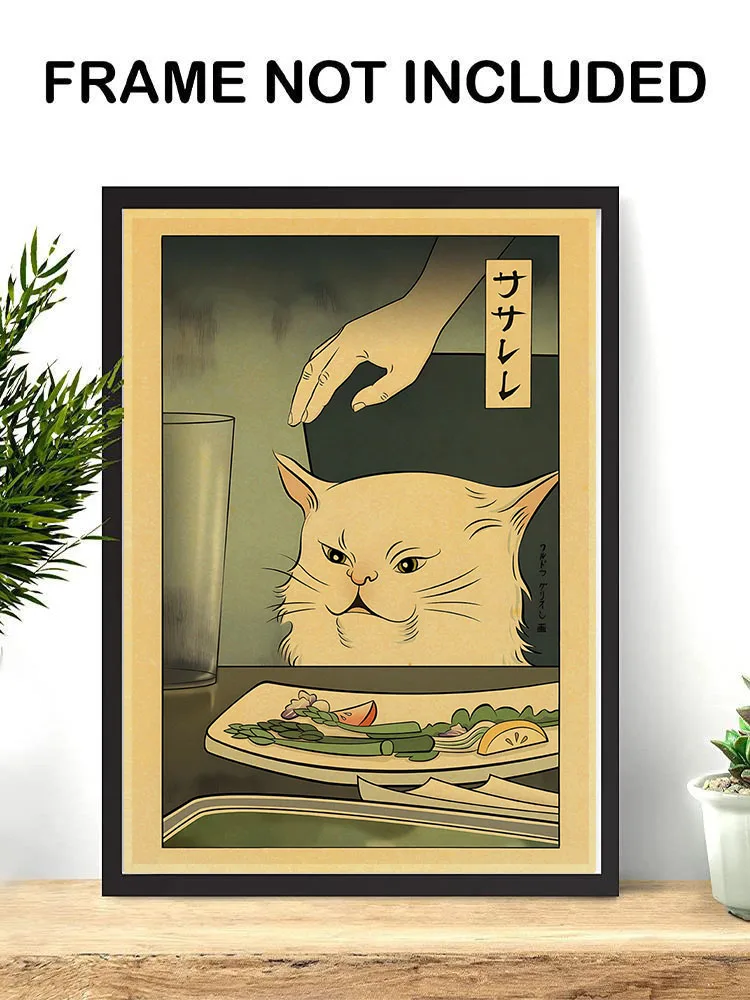 Vintage Japanese Geisha Posters Funny Japanese Style Women Yelling At Cat Kraft Painting Wall Art Decor Livingroom Retro Room