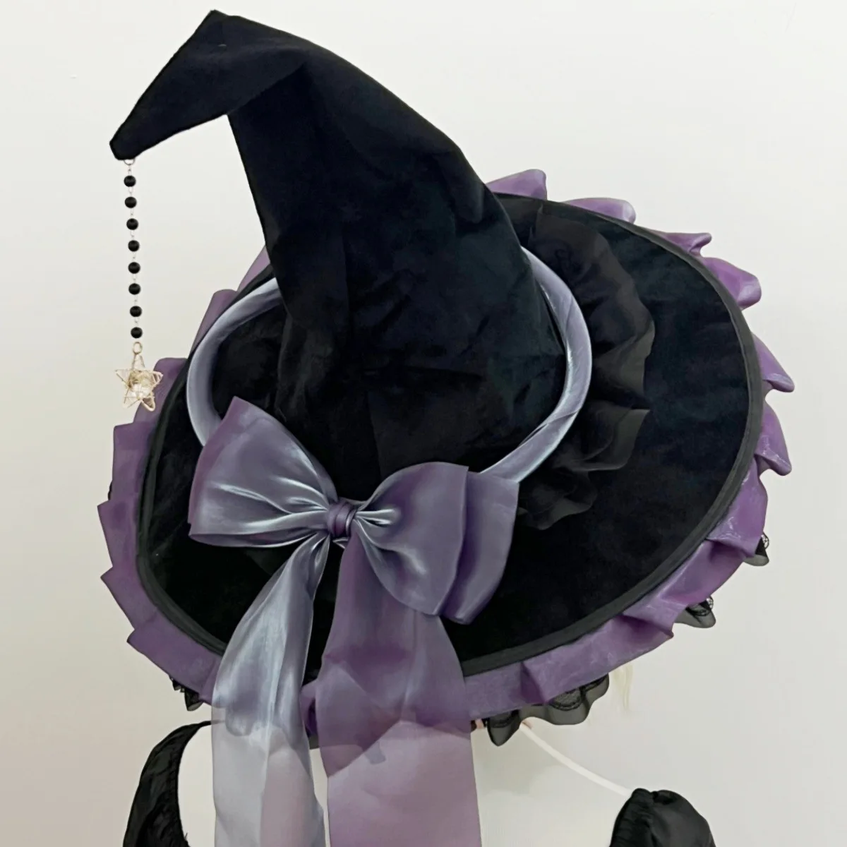 Handmade Lolita Witch Hat Large Ruffle Bow Ribbon Wizard Halloween Cosplay Gothic Sweet Witch Headdress Party Costume Accessory