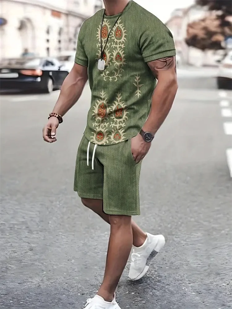 Terno estampado de textura 3D masculino, shorts curtos, roupa esportiva casual, roupa de verão, nova moda, 2022