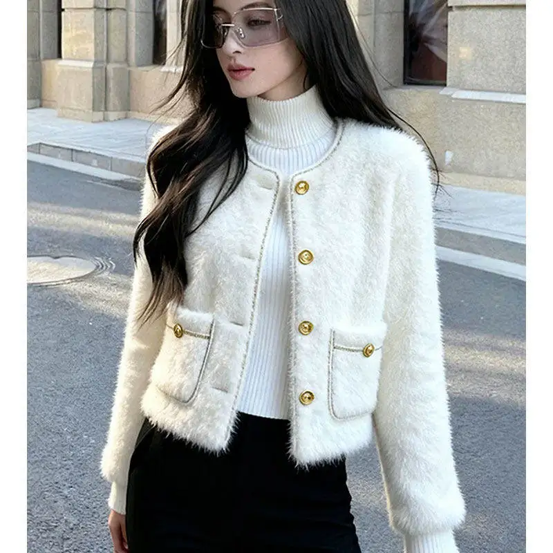 

Женская белая плюшевая куртка: осенне-зимнее деловое повседневное винтажное прямое пальто с длинным рукавом, элегантный высококачественный укороченный топ-костюм