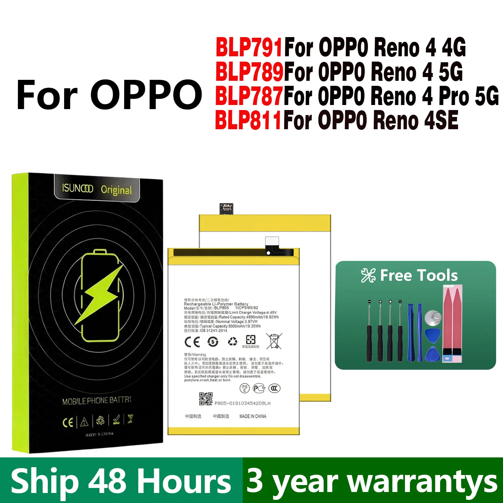 ISUNOO 2026 Years BLP787 BLP789 BLP791 BLP811 Battery For OPPO Reno 4 5G /4 Pro 5G/Reno 4 4G /Reno 4SE +free tools