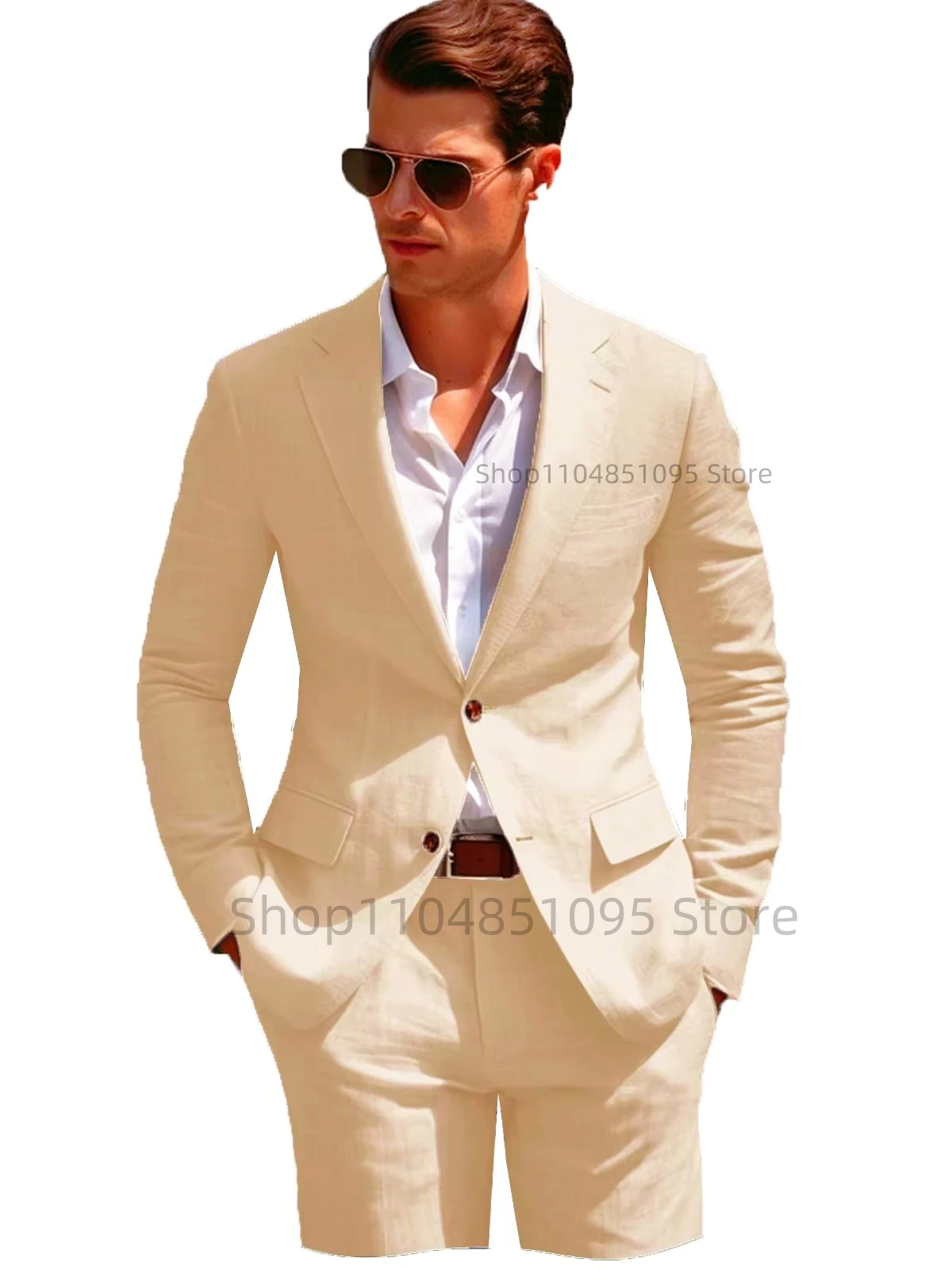 

Elegant Beige Linen 2 Piece Men Suits Casual Single Breasted Slim Fit Blazer Pants High Quality Summer Seabeach Wedding Suits
