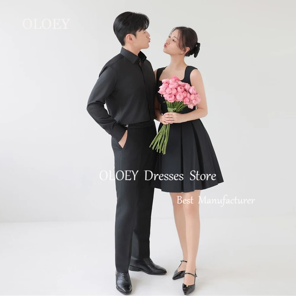 OLOEY Simple Black Mini Prom Cocktail Dress Korea Photoshoot Pleats Satin Short Wedding Party Dress A Lien Sleeveless Custom