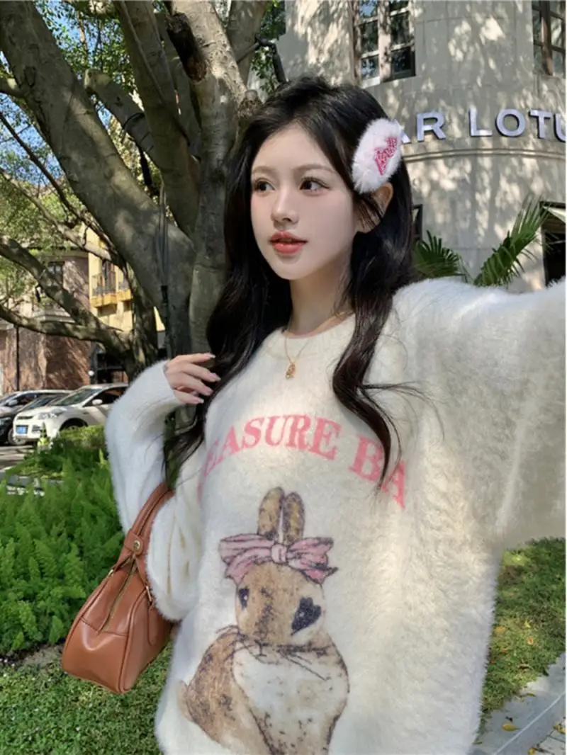 Sweet Bow Rabbit Print Oversized Sweatshirt for Girls Comfortable Women Thicken Winter Jumper Cute Cartoon Long Sleeve Pullover