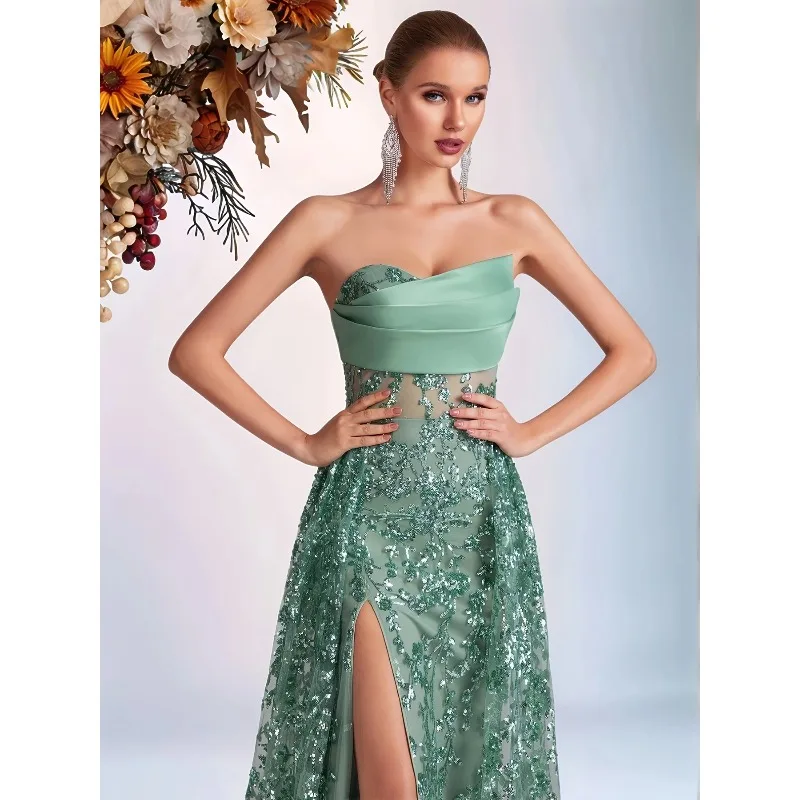 Luxe feestjurk dames saliegroen geborduurde jurk strapless elegante avondjurk baljurk vestidos de fiesta aangepast