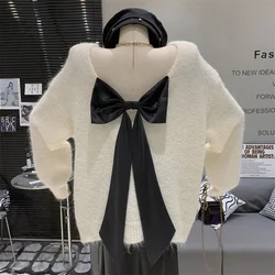 Sweet Sweaters Lolita Girls Cute Backless Bowknot O Neck Loose Casual Knitted Pullovers Basic Female Tops Autumn Winter 2024