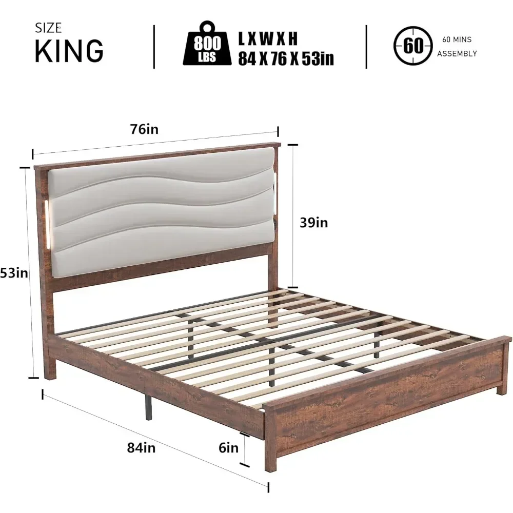 Wooden Bed Frame with Headboard, Boho Bedframe with Charging Station and Led Lights, Upholstered Headboard, Free shipping