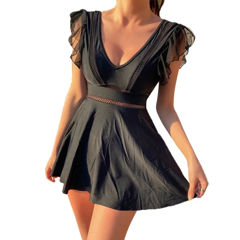 Woman Swimsuits Tankini Ruffle V Neck Tankini Top Solid Black Tummy Control Swim Tankini High Waist Flared Skirt Tankini Set