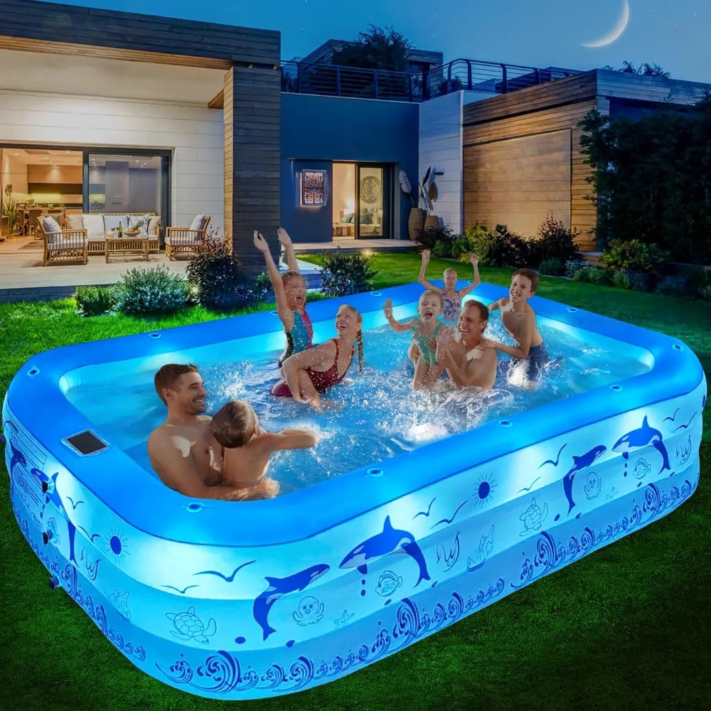 Inflatable Pool with Lights, 2024 Upgraded Family Inflatable Swimming Pool for Kids,Adults, Blow up Pool Solar Powered