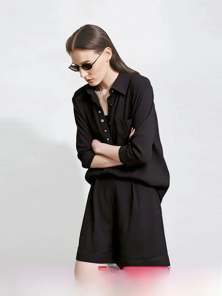 

Spring New Casual Style Loose Women's Shirt Collar Stand Collar Contrast Color Button Hollow out Lace Trim Top
